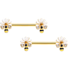 Load image into Gallery viewer, 14G 9/16 Clear Gem Gold Tone Flower Bee Barbell Nipple Ring Set
