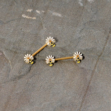 Load image into Gallery viewer, 14G 9/16 Clear Gem Gold Tone Flower Bee Barbell Nipple Ring Set
