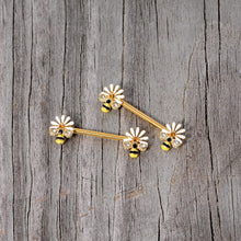 Load image into Gallery viewer, 14G 9/16 Clear Gem Gold Tone Flower Bee Barbell Nipple Ring Set

