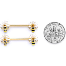 Load image into Gallery viewer, 14G 9/16 Clear Gem Gold Tone Flower Bee Barbell Nipple Ring Set
