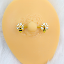 Load image into Gallery viewer, 14G 9/16 Clear Gem Gold Tone Flower Bee Barbell Nipple Ring Set
