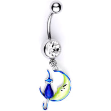 Load image into Gallery viewer, Clear Gem Blue Witch Cat Moon Halloween Dangle Belly Ring
