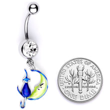 Load image into Gallery viewer, Clear Gem Blue Witch Cat Moon Halloween Dangle Belly Ring
