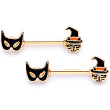 Load image into Gallery viewer, 14G 9/16 Gold Tone Witch Cat Halloween Barbell Nipple Ring Set
