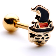 Load image into Gallery viewer, 16G 1/4 Black Gold Tone Witch Hat Cat Halloween Cartilage Tragus
