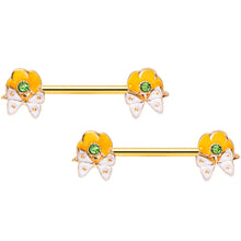 Load image into Gallery viewer, 14G 9/16 Green Gem Gold Tone Butterfly Barbell Nipple Ring Set

