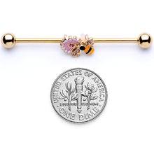 Load image into Gallery viewer, 14G Pink Clear Gem Gold Tone Bee Blossom Industrial Barbell 38mm
