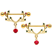 Load image into Gallery viewer, 14G 25mm Red Green Gem Reindeer Antler Holiday Nipple Shield Set
