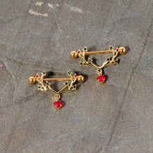 Load image into Gallery viewer, 14G 25mm Red Green Gem Reindeer Antler Holiday Nipple Shield Set
