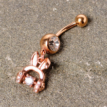 Load image into Gallery viewer, Clear Gem Rose Gold Tone Bunny Ear Headphones Dangle Belly Ring
