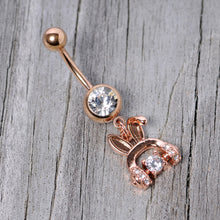 Load image into Gallery viewer, Clear Gem Rose Gold Tone Bunny Ear Headphones Dangle Belly Ring
