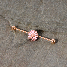 Load image into Gallery viewer, 14G Clear Gem Rose Gold Tone Flower Bee Industrial Barbell 38mm
