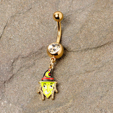 Load image into Gallery viewer, Clear Gem Gold Tone Green Witch Halloween Dangle Belly Ring
