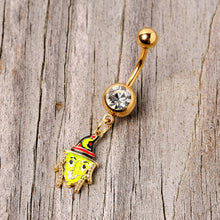 Load image into Gallery viewer, Clear Gem Gold Tone Green Witch Halloween Dangle Belly Ring
