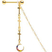Load image into Gallery viewer, 14G 9/16 Blue Pink Gem Gold Tone Moon Cross Dangle Nipple Chain
