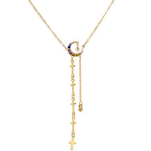 Load image into Gallery viewer, 14G 9/16 Blue Pink Gem Gold Tone Moon Cross Dangle Nipple Chain
