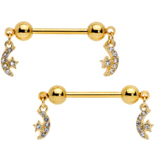 Load image into Gallery viewer, 14G 9/16 Clear Gem Gold Tone Moon Dangle Barbell Nipple Ring Set
