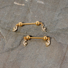 Load image into Gallery viewer, 14G 9/16 Clear Gem Gold Tone Moon Dangle Barbell Nipple Ring Set
