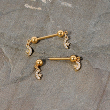 Load image into Gallery viewer, 14G 9/16 Clear Gem Gold Tone Moon Dangle Barbell Nipple Ring Set
