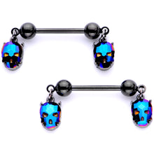 将图片加载到图库查看器，14G 9/16 Blue Gem Sugar Skull Halloween Dangle Nipple Ring Set
