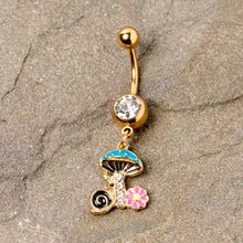 Load image into Gallery viewer, Clear Gem Gold Tone Snail Flower Magic Mushroom Dangle Belly Ring
