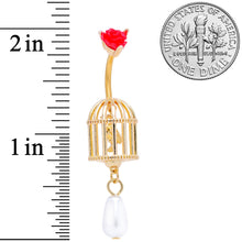 将图片加载到图库查看器，Red Flower Gold Tone Birdcage Dangle Belly Ring
