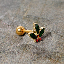 Load image into Gallery viewer, 16G 1/4 Red Gem Gold Tone Mistletoe Christmas Cartilage Tragus
