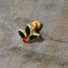 Load image into Gallery viewer, 16G 1/4 Red Gem Gold Tone Mistletoe Christmas Cartilage Tragus
