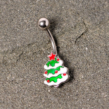 Load image into Gallery viewer, Green Red White Christmas Tree Holiday Belly Ring
