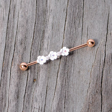 Load image into Gallery viewer, 14G Aurora Gem Rose Gold Tone Flower Industrial Barbell 38mm
