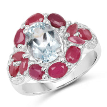 将图片加载到图库查看器，3.54 Carat Genuine Aquamarine, Ruby and White Topaz .925 Sterling Silver Ring
