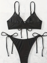 将图片加载到图库查看器，Bikini Solid Rib Knit 2 Piece Swimsuit – Ring Link Tie Front Triangle Bikini Set for Women – Hollow Out High Stretch V-Neck Top with Tie Side Bottoms – Trendy Beach &amp; Pool Swimwear for Summer
