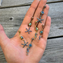 Load image into Gallery viewer, Blue Gem Gold Tone Starfish Seahorse Nautical Belly Ring Set of 2
