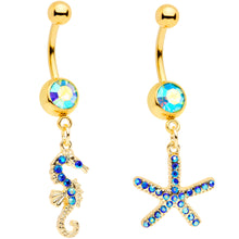 Load image into Gallery viewer, Blue Gem Gold Tone Starfish Seahorse Nautical Belly Ring Set of 2
