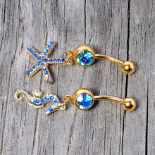 Load image into Gallery viewer, Blue Gem Gold Tone Starfish Seahorse Nautical Belly Ring Set of 2
