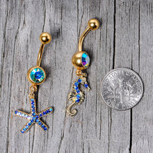 Load image into Gallery viewer, Blue Gem Gold Tone Starfish Seahorse Nautical Belly Ring Set of 2
