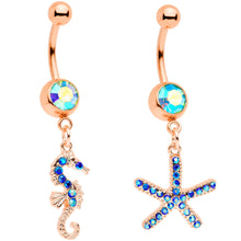 Load image into Gallery viewer, Blue Gem Rose Gold Tone Starfish Seahorse Nautical Belly Ring Set of 2
