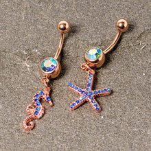 Load image into Gallery viewer, Blue Gem Rose Gold Tone Starfish Seahorse Nautical Belly Ring Set of 2
