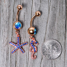 Load image into Gallery viewer, Blue Gem Rose Gold Tone Starfish Seahorse Nautical Belly Ring Set of 2
