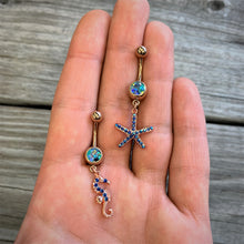 Load image into Gallery viewer, Blue Gem Rose Gold Tone Starfish Seahorse Nautical Belly Ring Set of 2
