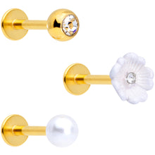 Load image into Gallery viewer, 16G 5/16 Clear Gem Gold Tone Flower Labret Tragus Set of 3

