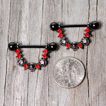 Load image into Gallery viewer, 14G 5/8 Red Clear Gem Black Skull Rose Dangle Nipple Ring Set
