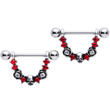 Load image into Gallery viewer, 14G 5/8 Red Clear Gem Halloween Skull Rose Dangle Nipple Ring Set

