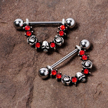 Load image into Gallery viewer, 14G 5/8 Red Clear Gem Halloween Skull Rose Dangle Nipple Ring Set
