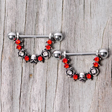 Load image into Gallery viewer, 14G 5/8 Red Clear Gem Halloween Skull Rose Dangle Nipple Ring Set
