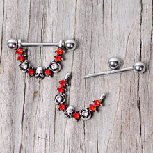 Load image into Gallery viewer, 14G 5/8 Red Clear Gem Halloween Skull Rose Dangle Nipple Ring Set
