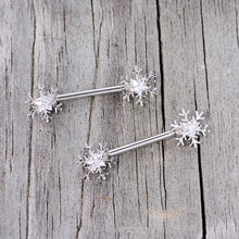 Load image into Gallery viewer, 14G 5/8 Clear Gem Snowflake Barbell Nipple Ring Set
