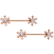 Load image into Gallery viewer, 14G 5/8 Clear Gem Rose Gold Hue Snowflake Barbell Nipple Ring Set
