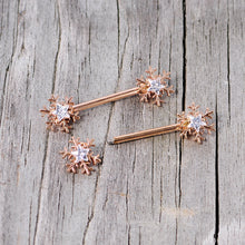 Load image into Gallery viewer, 14G 5/8 Clear Gem Rose Gold Hue Snowflake Barbell Nipple Ring Set
