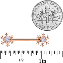 Load image into Gallery viewer, 14G 5/8 Clear Gem Rose Gold Hue Snowflake Barbell Nipple Ring Set
